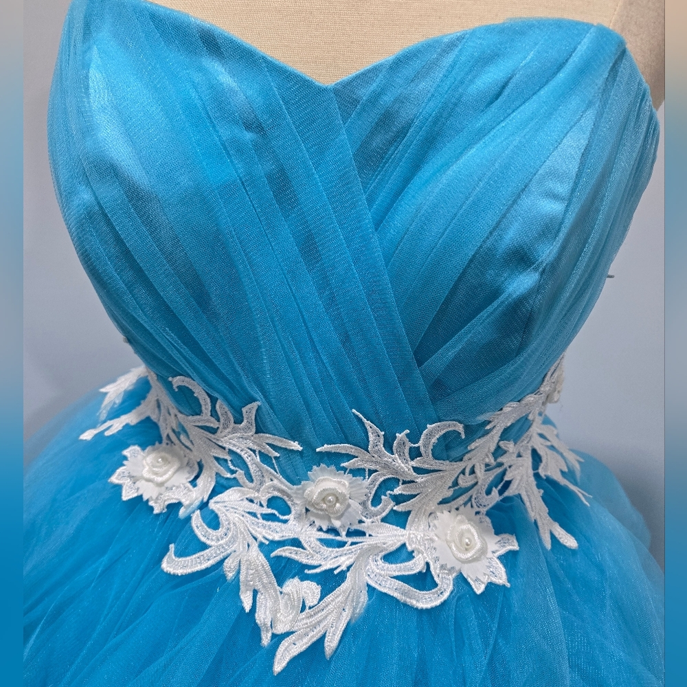 Mila Hoffman Custom Couture Ball Gown, Blue Topaz, White Floral Emroidered Waist - Picture 3 of 17
